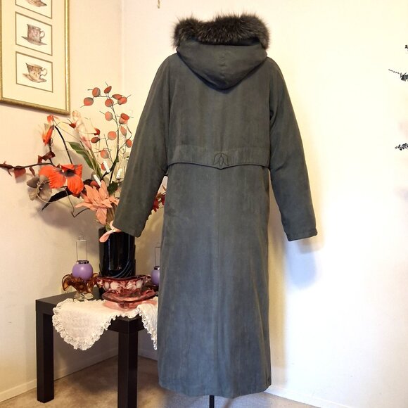 Preowned Utex Design Olive Green Warm Long Coat with Hood Windproof Outerwear - Picture 5 of 16